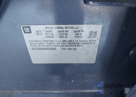 2013 Chevrolet Malibu 1Lt из США, поврежденный, VIN 1G11C5SA9DF320623